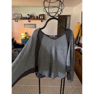 Ces Femme Mixed Knit Batwing Sweater Grey V-Neck Oversized Boho Top